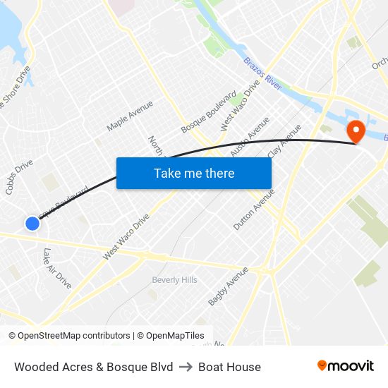 Wooded Acres & Bosque Blvd to Boat House map