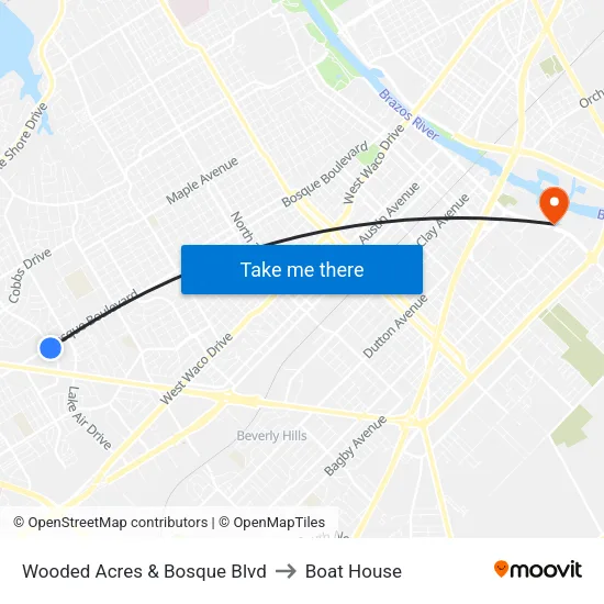 Wooded Acres & Bosque Blvd to Boat House map