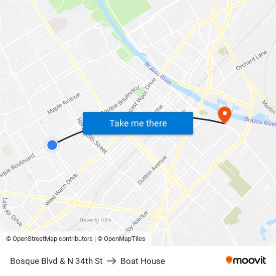 Bosque Blvd & N 34th St to Boat House map