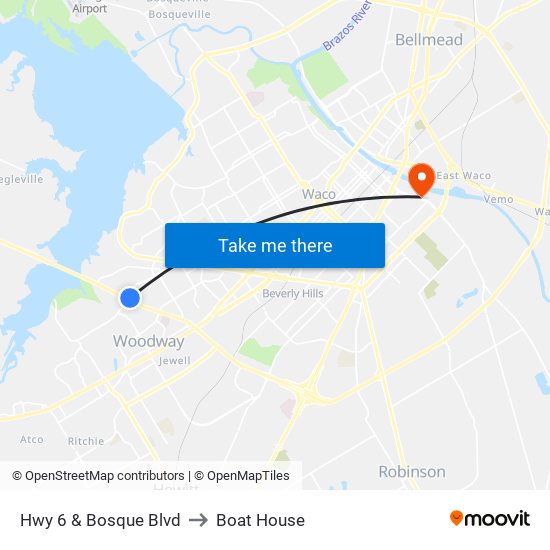 Hwy 6 & Bosque Blvd to Boat House map