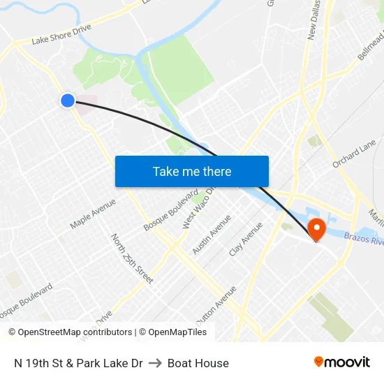 N 19th St & Park Lake Dr to Boat House map