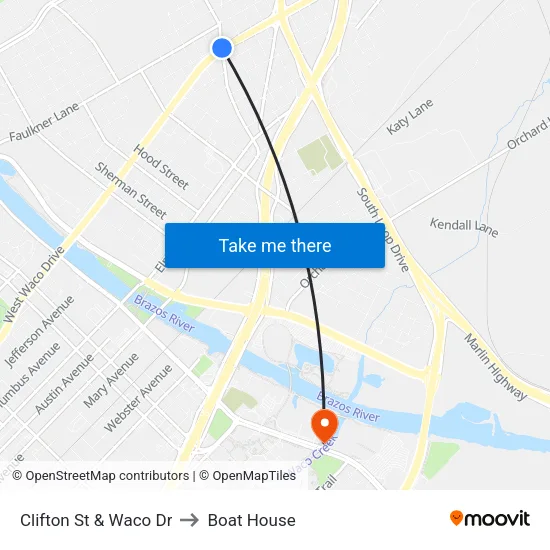 Clifton St & Waco Dr to Boat House map