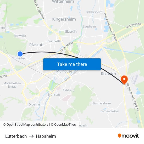 Lutterbach to Habsheim map