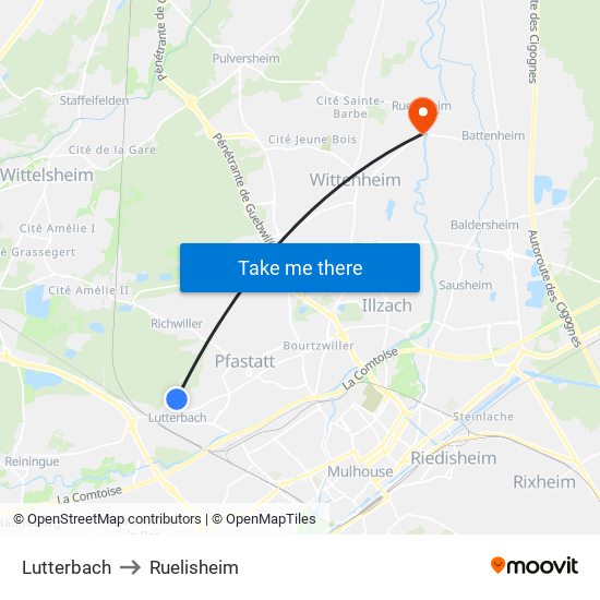 Lutterbach to Ruelisheim map