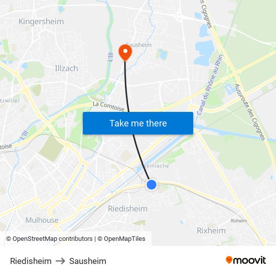 Riedisheim to Sausheim map