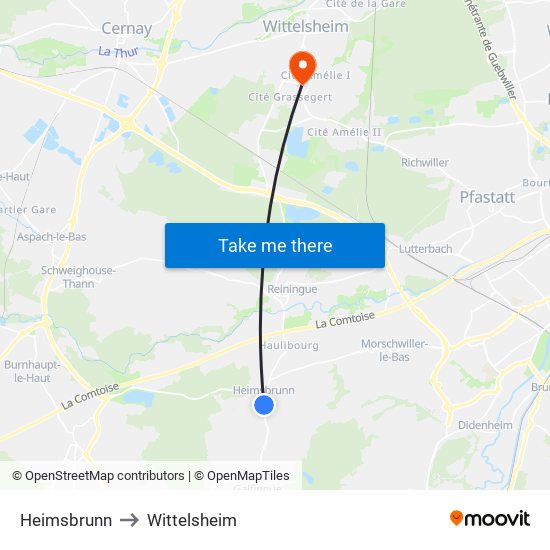 Heimsbrunn to Wittelsheim map