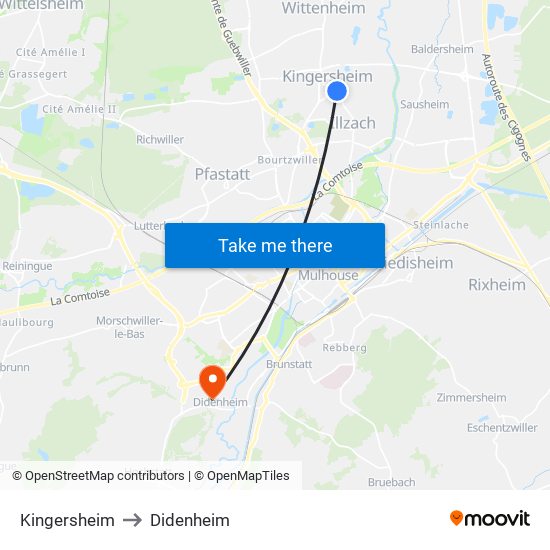 Kingersheim to Didenheim map