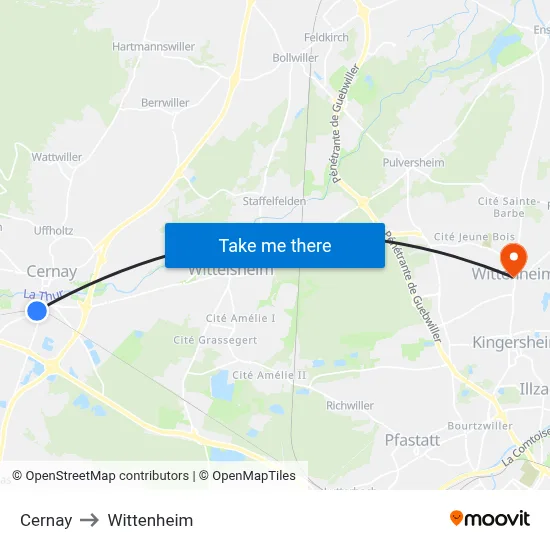 Cernay to Wittenheim map