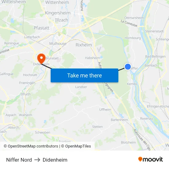 Niffer Nord to Didenheim map