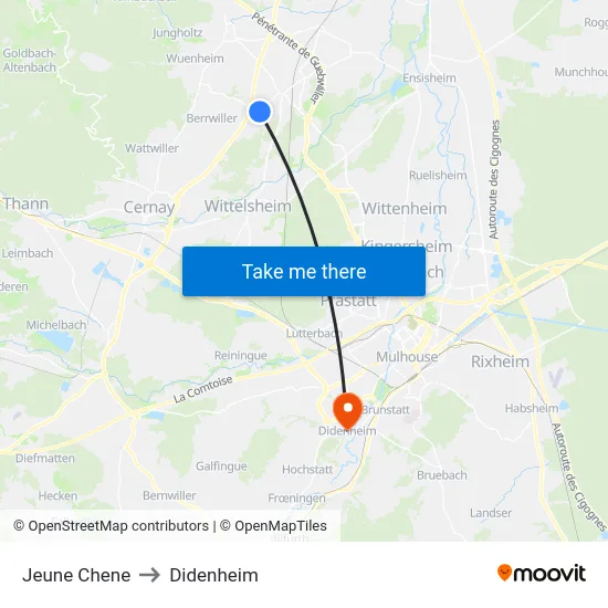 Jeune Chene to Didenheim map