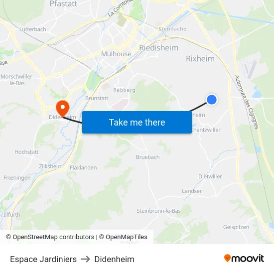 Espace Jardiniers to Didenheim map