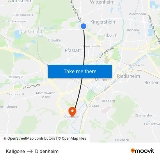 Kaligone to Didenheim map