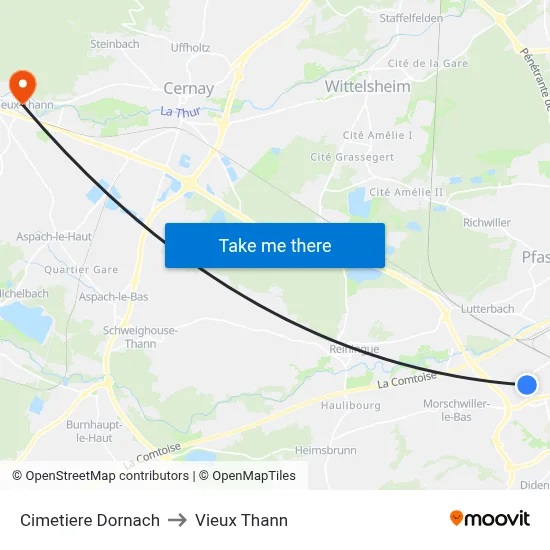 Cimetiere Dornach to Vieux Thann map