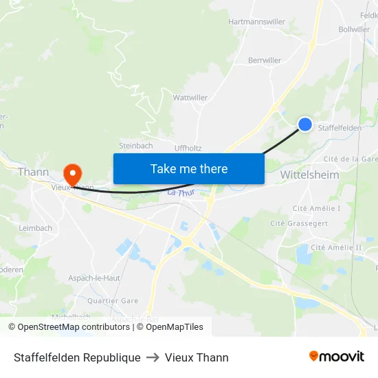 Staffelfelden Republique to Vieux Thann map