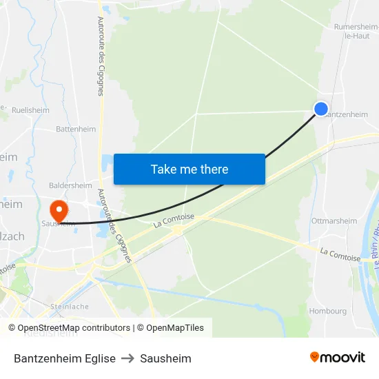 Bantzenheim Eglise to Sausheim map