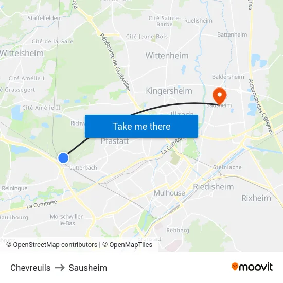Chevreuils to Sausheim map