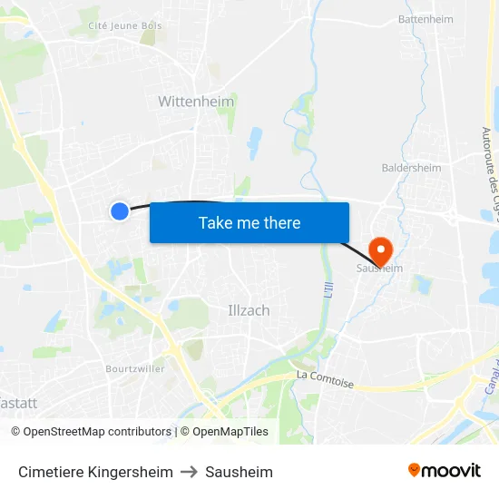 Cimetiere Kingersheim to Sausheim map