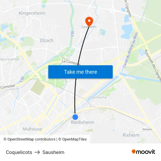 Coquelicots to Sausheim map