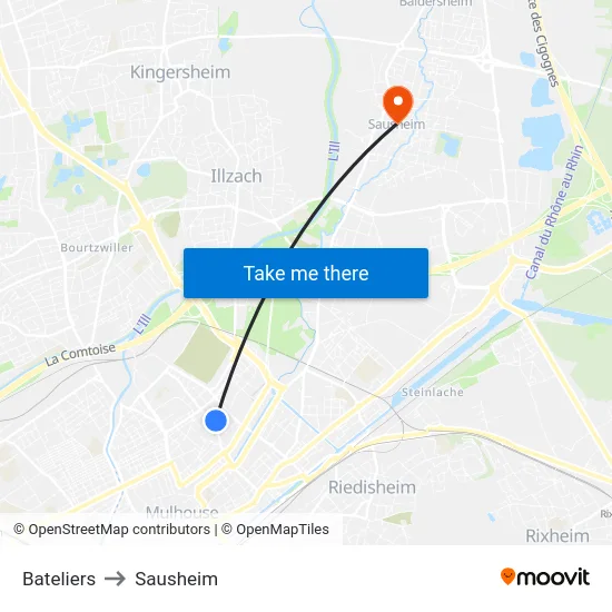 Bateliers to Sausheim map