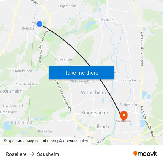 Roseliere to Sausheim map