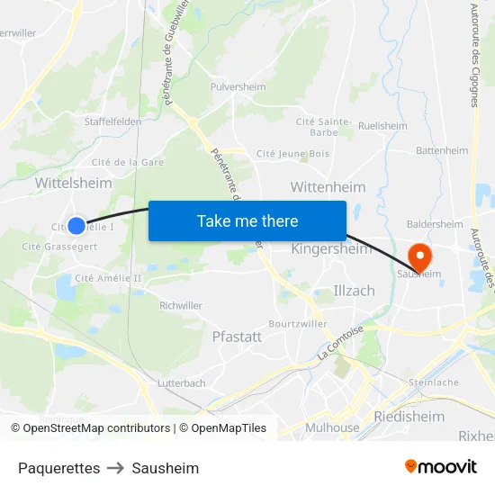 Paquerettes to Sausheim map