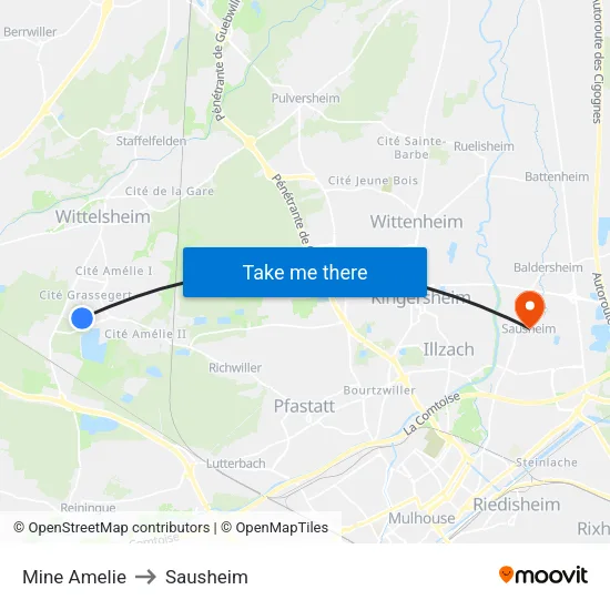 Mine Amelie to Sausheim map
