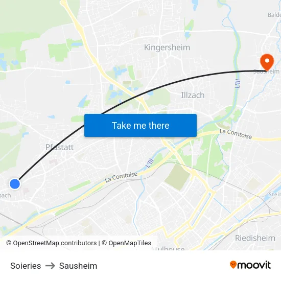 Soieries to Sausheim map