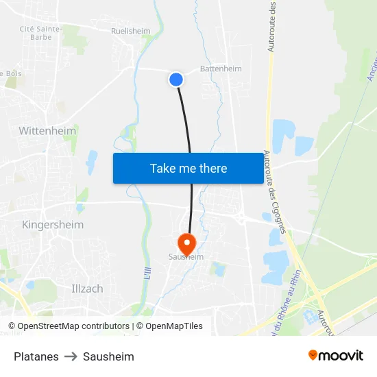 Platanes to Sausheim map