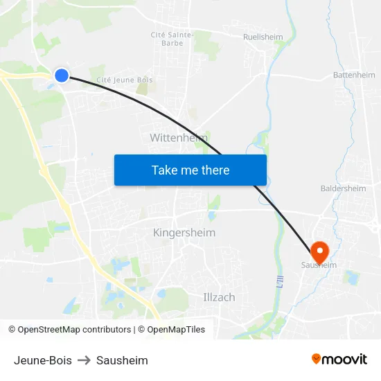 Jeune-Bois to Sausheim map