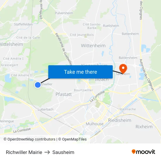 Richwiller Mairie to Sausheim map