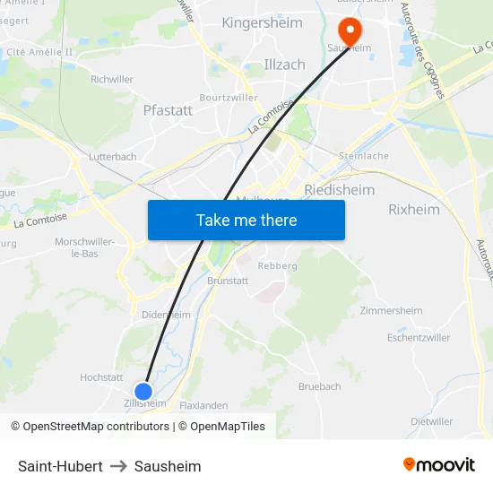 Saint-Hubert to Sausheim map