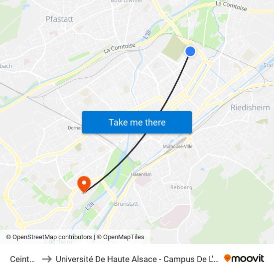 Ceinture to Université De Haute Alsace - Campus De L'Illberg map