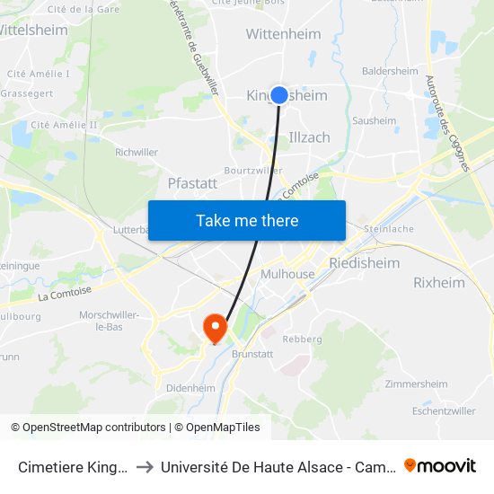 Cimetiere Kingersheim to Université De Haute Alsace - Campus De L'Illberg map
