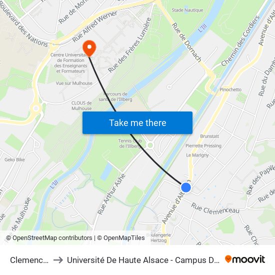 Clemenceau to Université De Haute Alsace - Campus De L'Illberg map