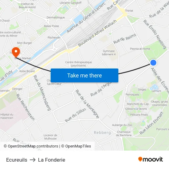 Ecureuils to La Fonderie map