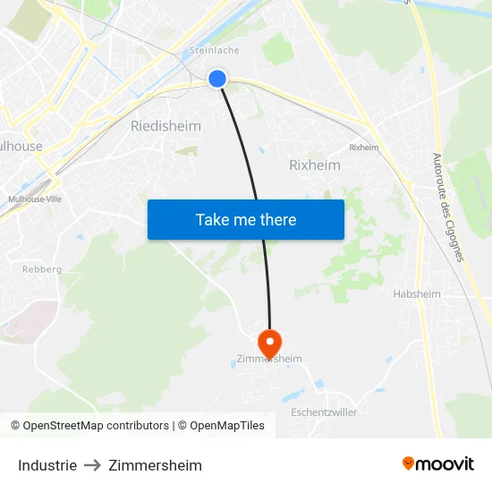 Industrie to Zimmersheim map