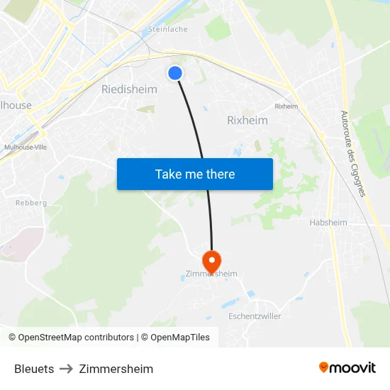 Bleuets to Zimmersheim map