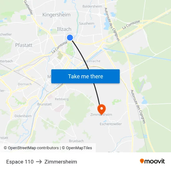 Espace 110 to Zimmersheim map