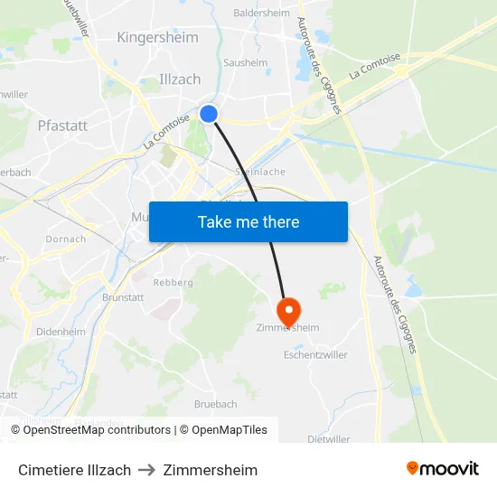 Cimetiere Illzach to Zimmersheim map