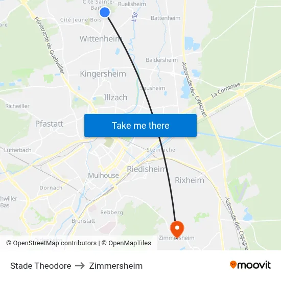 Stade Theodore to Zimmersheim map