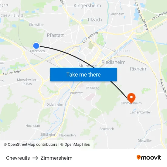 Chevreuils to Zimmersheim map