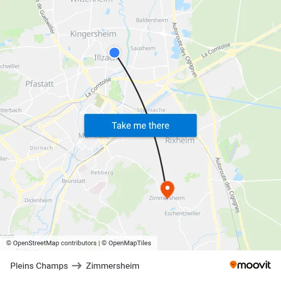 Pleins Champs to Zimmersheim map