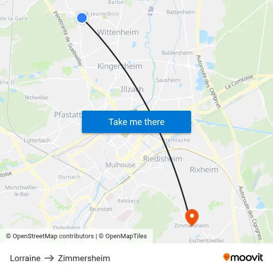 Lorraine to Zimmersheim map