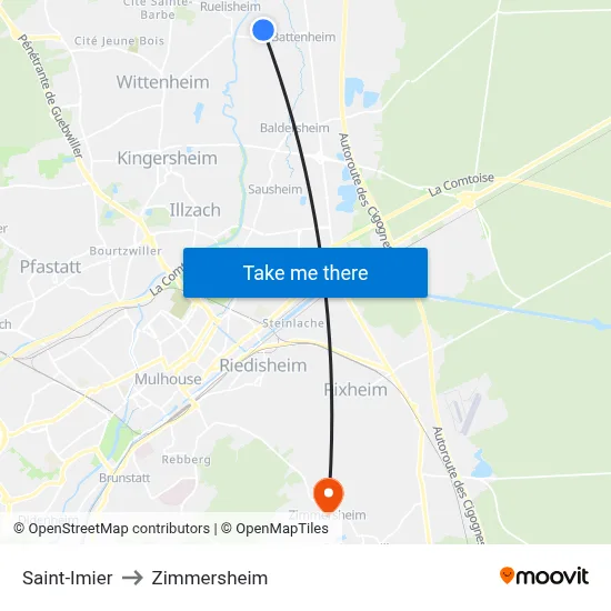 Saint-Imier to Zimmersheim map