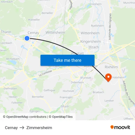 Cernay to Zimmersheim map