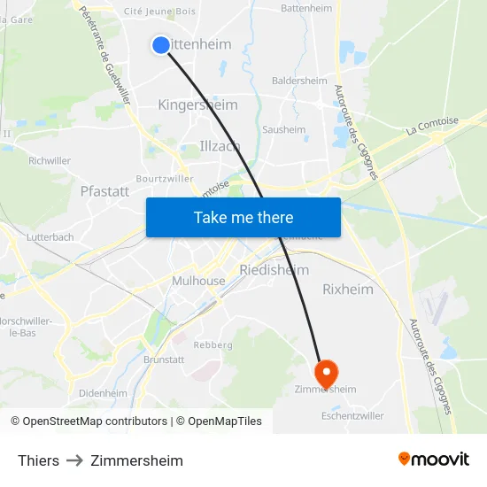Thiers to Zimmersheim map
