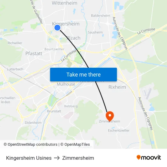 Kingersheim Usines to Zimmersheim map