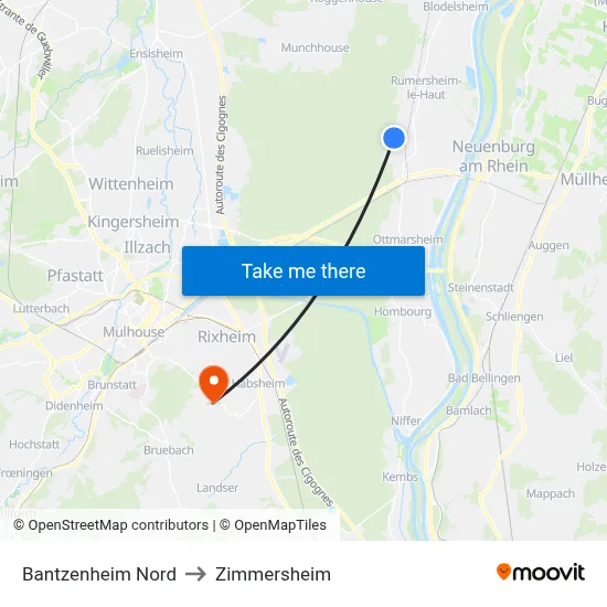 Bantzenheim Nord to Zimmersheim map