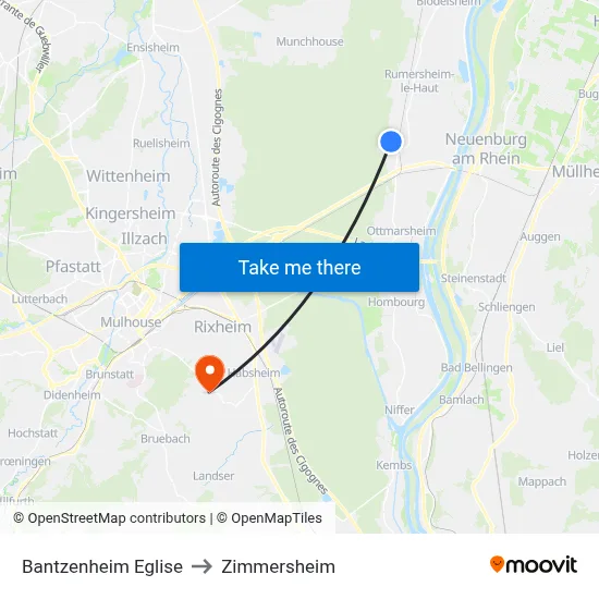 Bantzenheim Eglise to Zimmersheim map