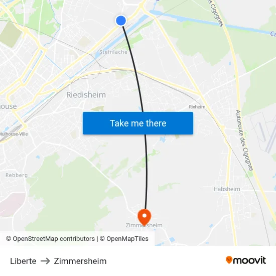 Liberte to Zimmersheim map